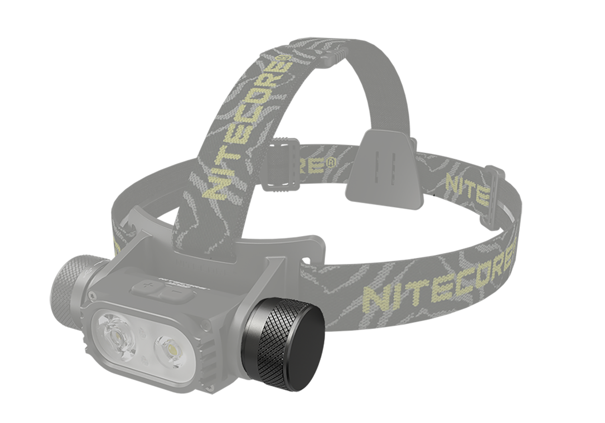 Eine Nitecore-Stirnlampe mit gemustertem verstellbarem Riemen und zwei LED-Leuchten für Outdoor-Aktivitäten und Camping.