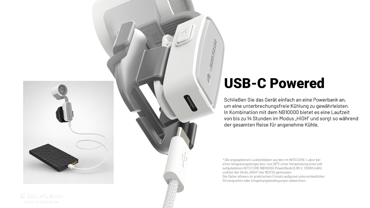 Ein tragbarer Nitecore-Lüfter, der an eine USB-C-Powerbank angeschlossen ist, für kontinuierliche Kühlung und längere Akkulaufzeit.