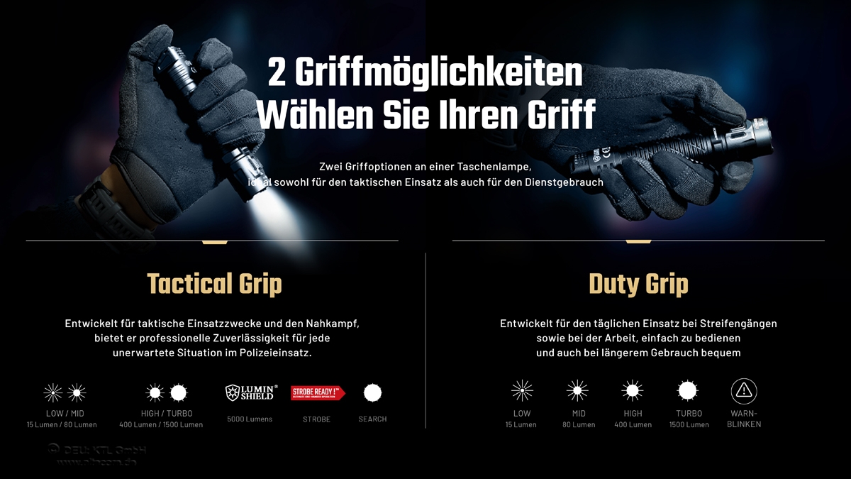 Wählen Sie zwischen taktischen und Einsatzgriffen für den vielseitigen Taschenlampeneinsatz in verschiedenen Situationen.