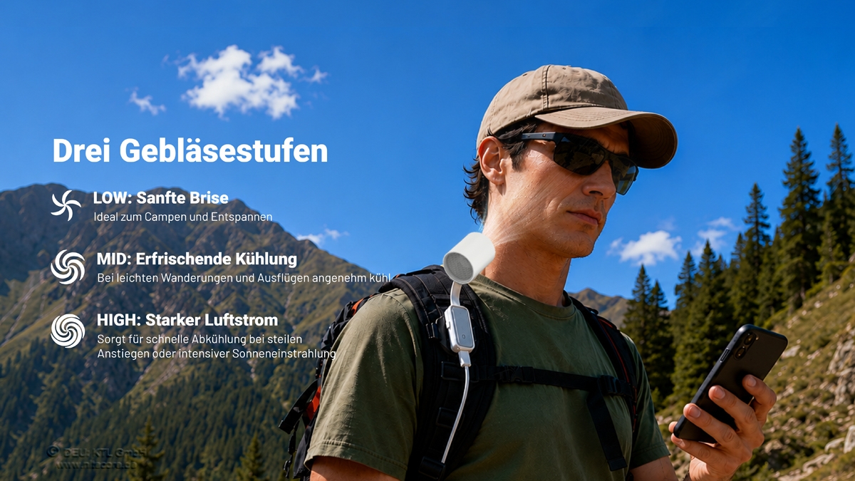 Ein Mann, der einen Rucksack trägt und an dem ein tragbarer Nackenventilator befestigt ist, wandert in den Bergen und benutzt dabei sein Smartphone.