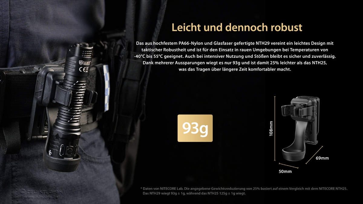 Leichte taktische Taschenlampe NTH29, konzipiert für Haltbarkeit und Komfort unter extremen Bedingungen.