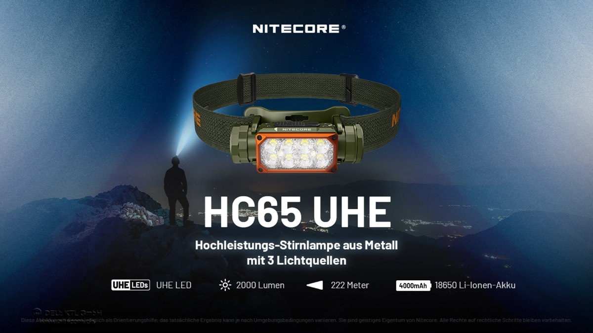 Nitecore HC65 UHE Stirnlampe mit 2000 Lumen und drei Lichtquellen für Outdoor-Abenteuer.