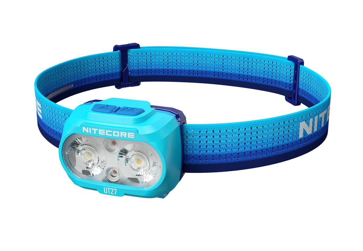 Eine leuchtend blaue Nitecore UT27-Stirnlampe mit zwei LED-Leuchten und einem verstellbaren blauen elastischen Kopfband auf Schwarz.