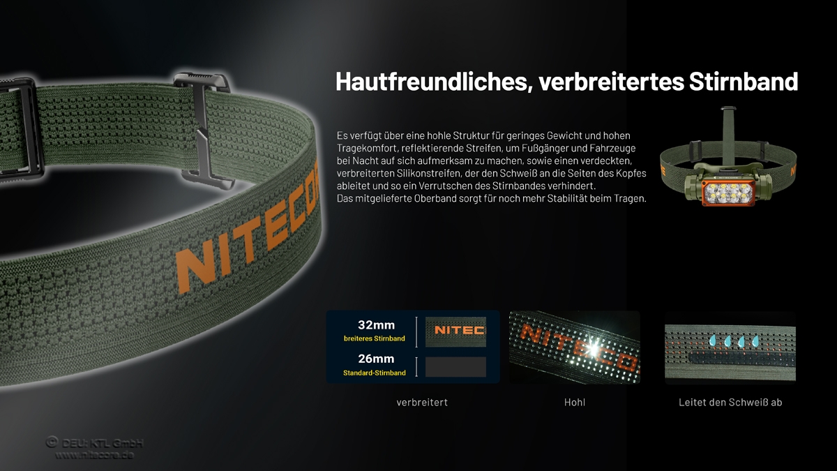 Bequemes und breites Stirnband für Stabilität und leichtes Tragen bei Outdoor-Aktivitäten.