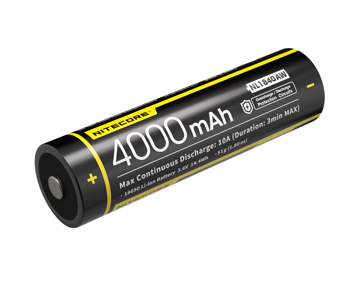 Ein Nitecore NL1840AW 18650 wiederaufladbarer Li-Ionen-Akku mit 4000 mAh Kapazität und 10 A Dauerentladung.