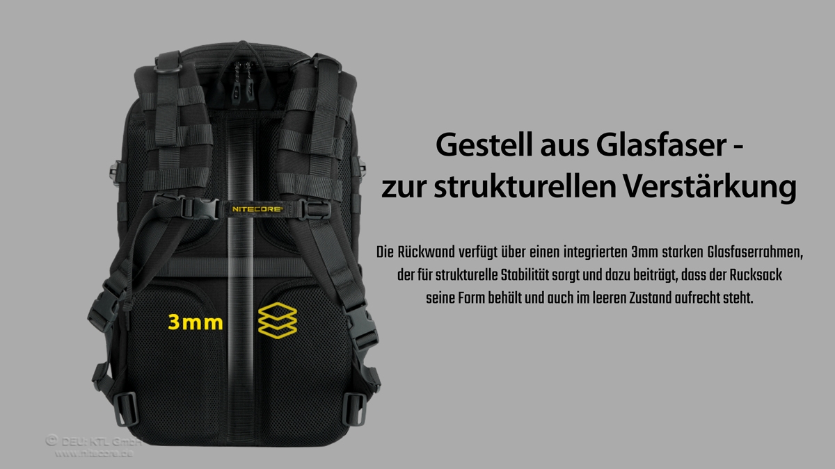 Rückansicht eines schwarzen Nitecore-Rucksacks mit integriertem 3-mm-Glasfaserrahmen für strukturelle Unterstützung.
