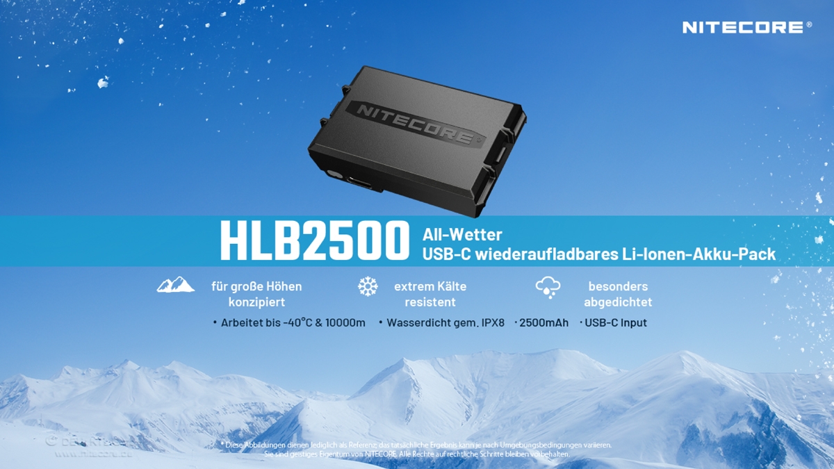 Nitecore HLB2500 wasserdichter wiederaufladbarer USB-C-Akku für extreme Bedingungen.