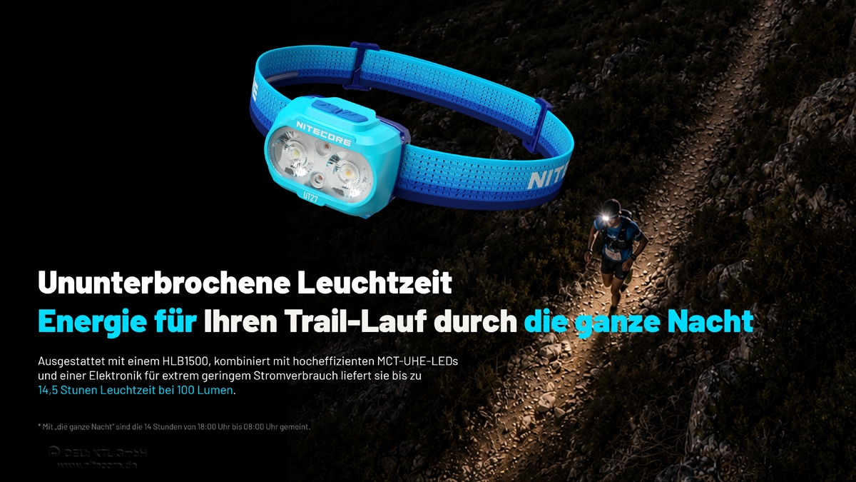 Eine blaue Nitecore UT27-Stirnlampe über einem Läufer auf einem dunklen Weg, die eine langanhaltende Nachtbeleuchtung hervorhebt.