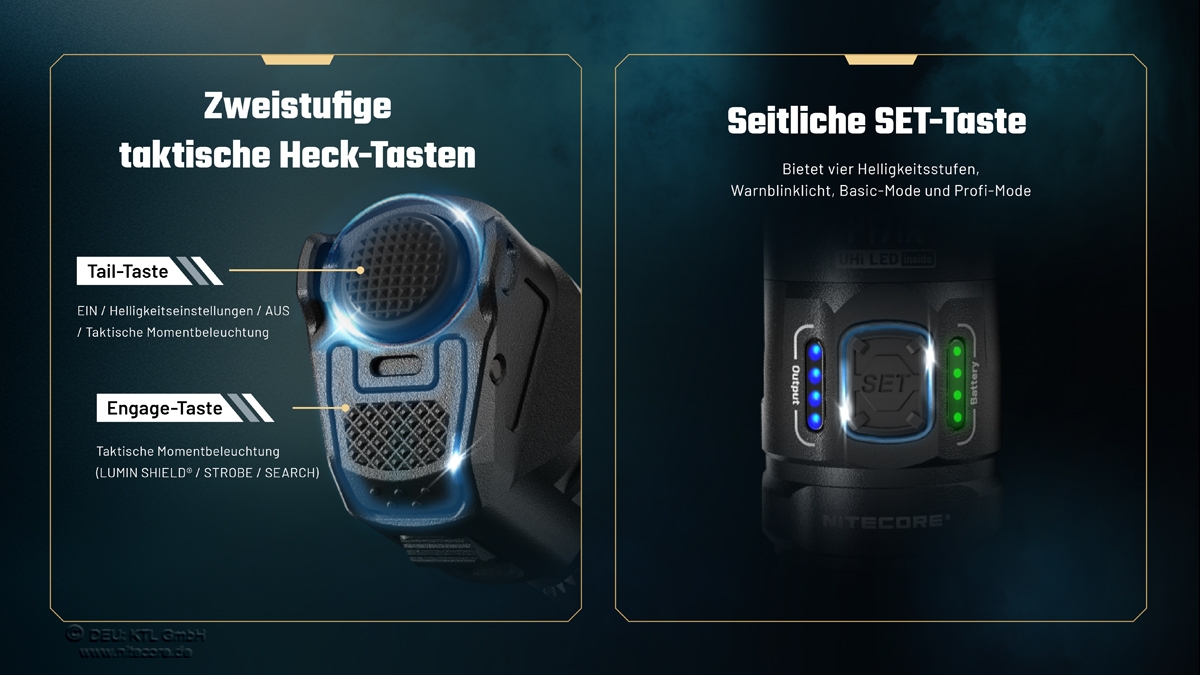 Detaillierte Ansicht der taktischen Tasten einer Taschenlampe, die Funktionalität und Designmerkmale demonstrieren.