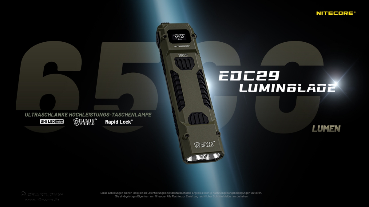 Nitecore EDC29 LuminBlade taktische Taschenlampe in Olivgrün mit Digitalanzeige auf dunklem Hintergrund.