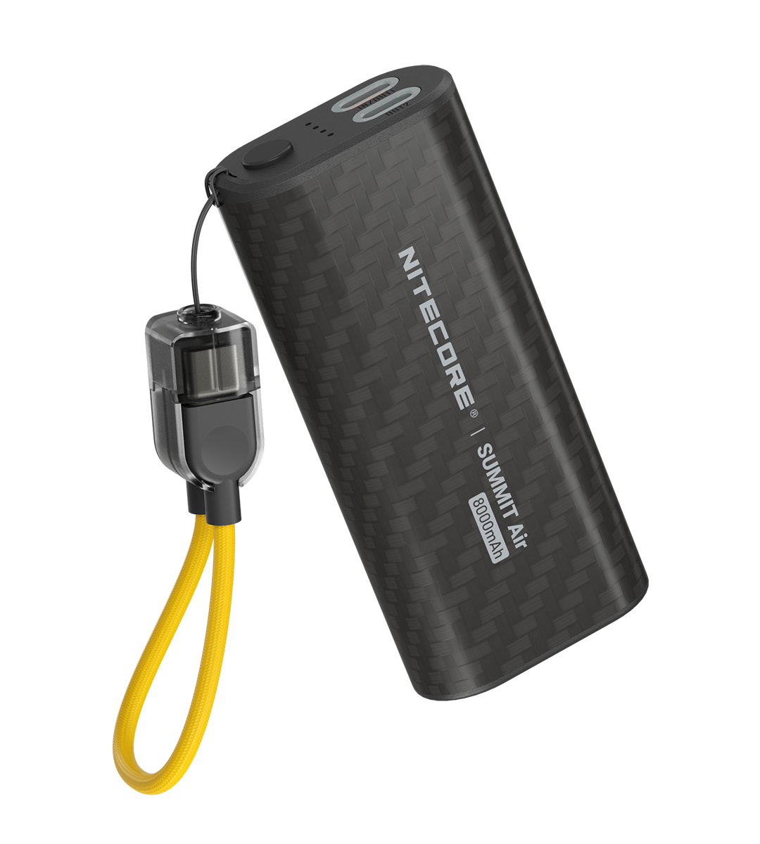Tragbare Nitecore Summit Air 8000-mAh-Powerbank mit Kohlefaserstruktur und leuchtend gelber Handschlaufe.