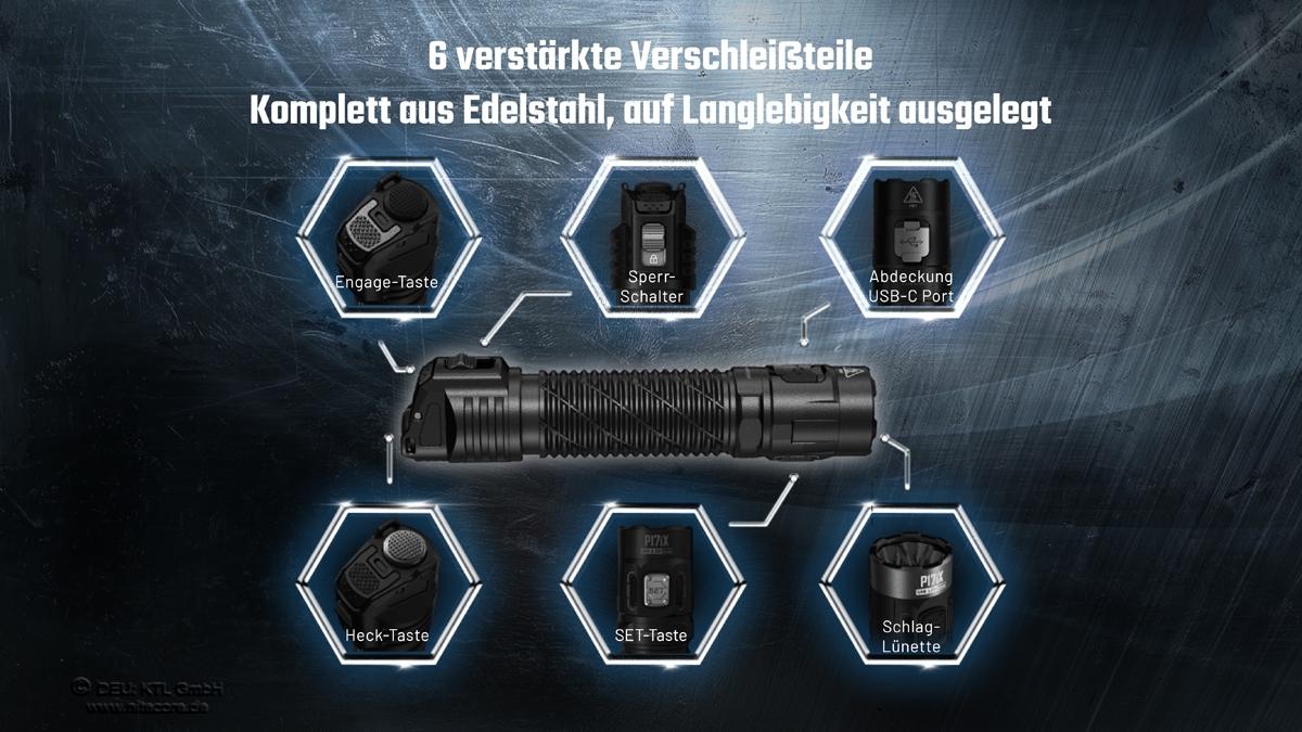 Robuste Taschenlampe mit sechs verstärkten Komponenten, die auf Langlebigkeit und Zuverlässigkeit ausgelegt sind.