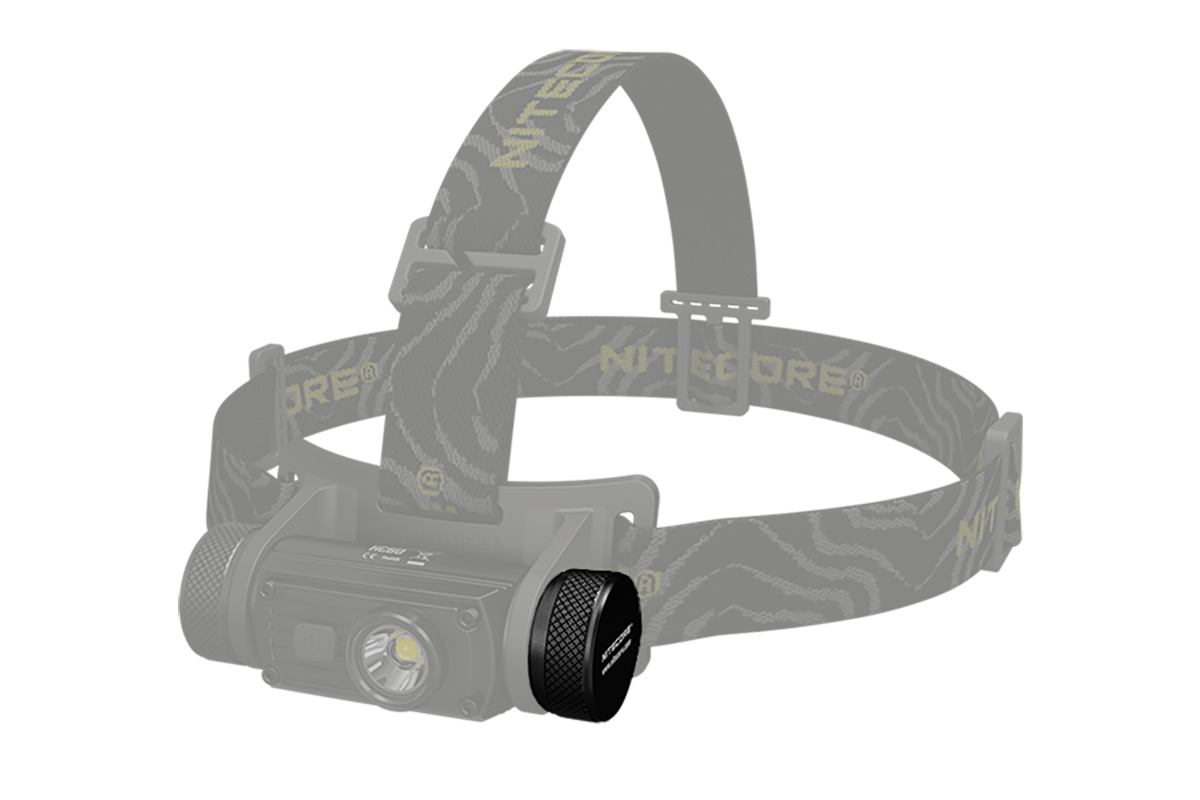 Eine Nitecore HC60-Stirnlampe mit gemustertem verstellbarem Riemen, hellem LED-Licht und Seitenkappe.