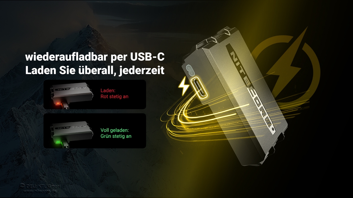 Wiederaufladbare USB-C-Powerbank zum Aufladen unterwegs jederzeit und überall.