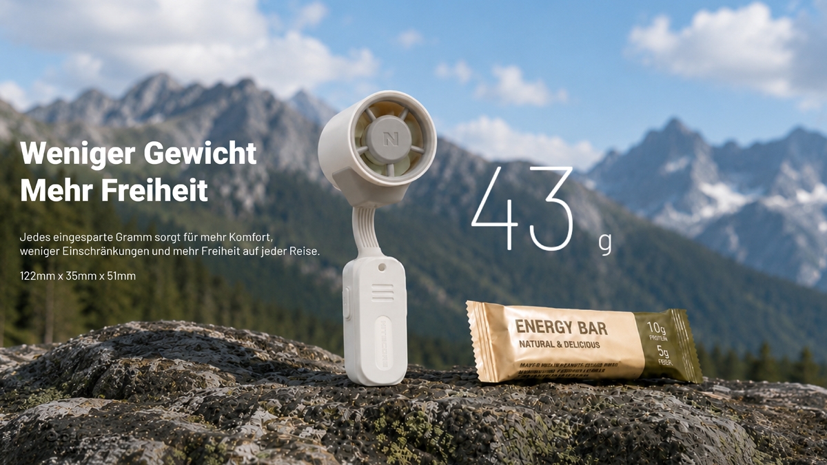Ein tragbarer weißer Ventilator und ein Energieriegel ruhen auf einem Bergfelsen vor einer malerischen Bergkette im Hintergrund.