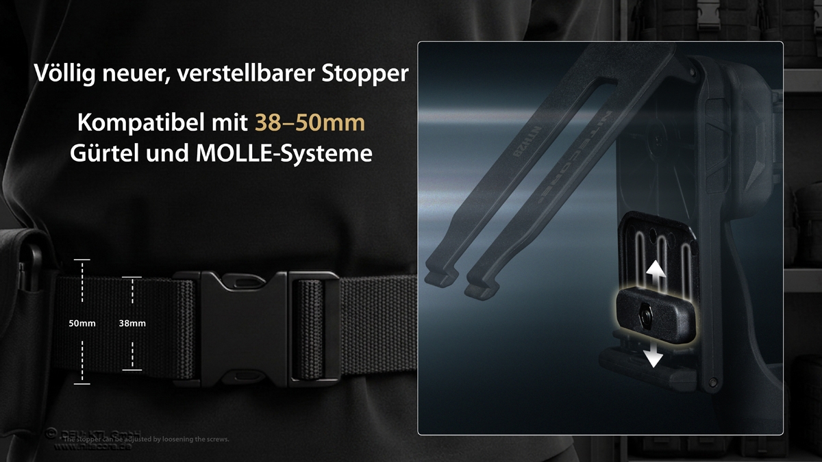 Verstellbarer Stopper, kompatibel mit 38-50-mm-Gürteln und MOLLE-Systemen für besseren Nutzen.