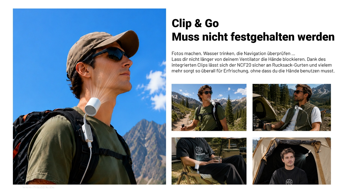Ein Mann, der beim Wandern und Camping im Freien einen tragbaren Clip-Ventilator trägt, der an seinem Rucksackgurt befestigt ist.