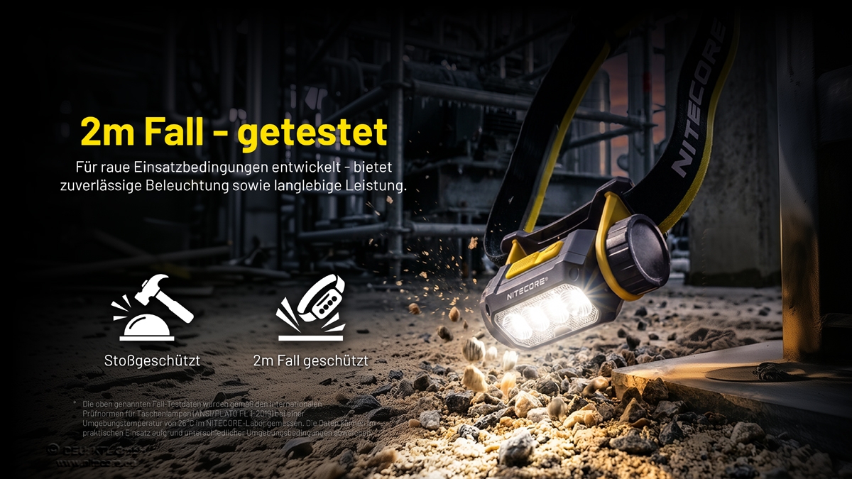 Ein Nitecore-Scheinwerfer beleuchtet einen felsigen Boden und unterstreicht sein stoßfestes und 2-Meter-Sturztest-Design.