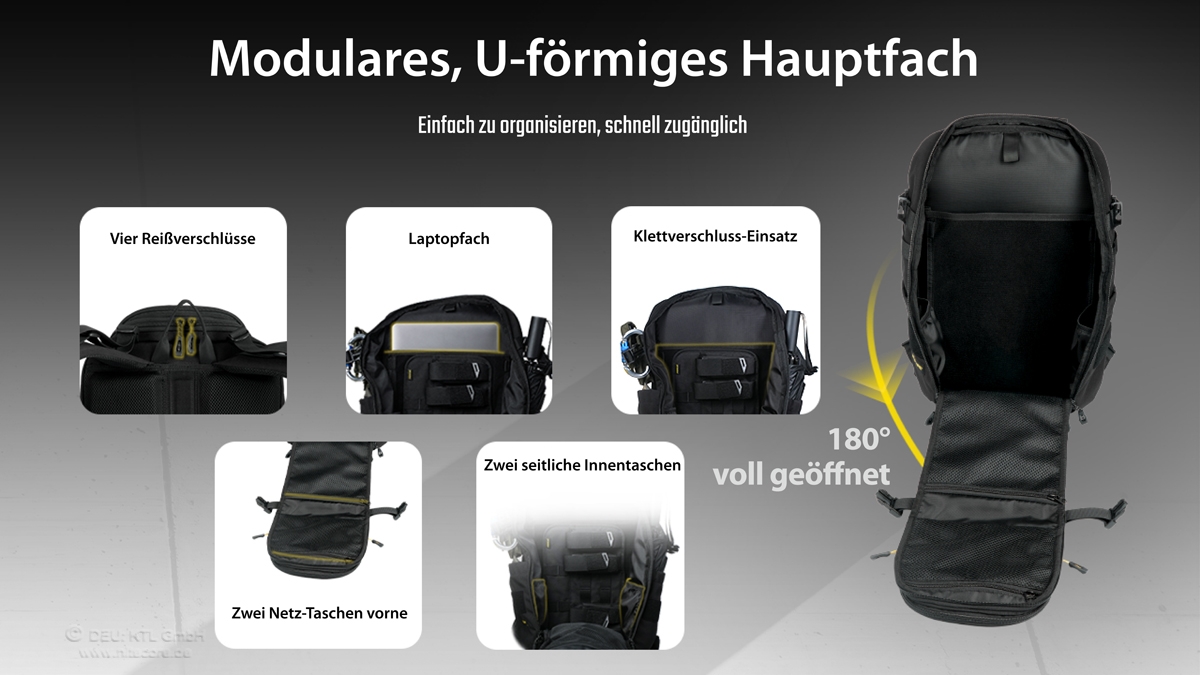 Ein schwarzer taktischer Rucksack mit einem modularen U-förmigen Hauptfach, das sich für einfachen Zugriff um 180 Grad öffnen lässt.