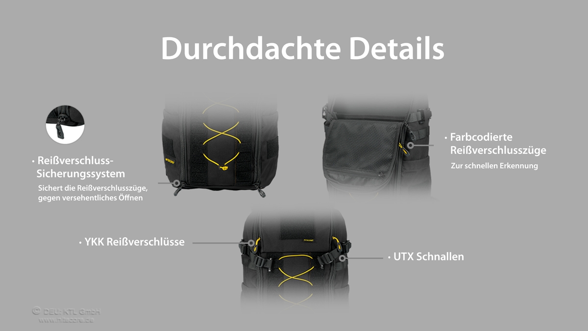 Nahaufnahmen eines schwarzen taktischen Rucksacks mit Reißverschlusssicherheit, farbcodierten Griffen und UTX-Schnallen.