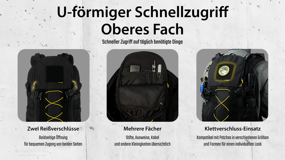 Drei Ansichten eines taktischen Rucksacks mit U-förmigem Oberfach, internen Organizern und Klettverschluss.