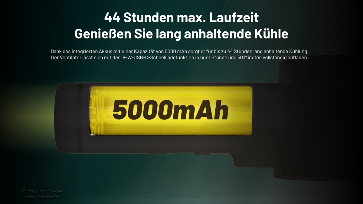 Tragbarer Ventilator mit 5000-mAh-Akku für bis zu 44 Stunden Kühlleistung.