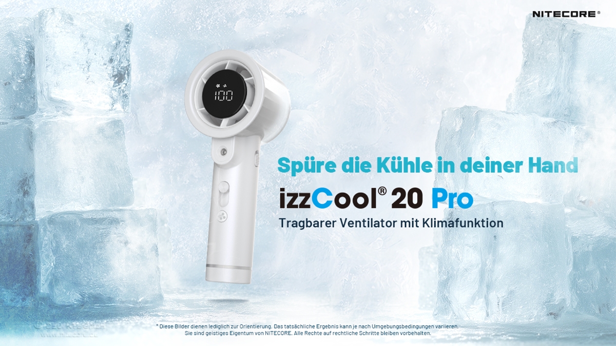 Tragbarer izzCool 20 Pro-Lüfter mit Kühlfunktion vor Eishintergrund für sommerliche Entspannung.