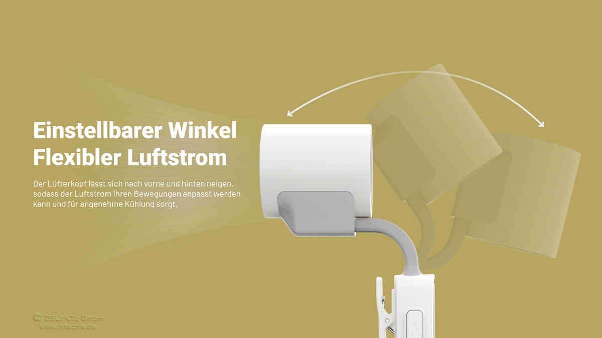Ein weißer, tragbarer Clip-Lüfter mit verstellbarem Kopf, der sich neigen lässt, um einen flexiblen Luftstrom zur Kühlung zu ermöglichen.