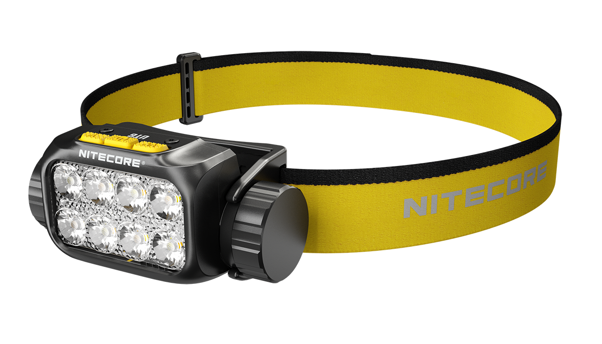 Nitecore-Stirnlampe mit verstellbarem Riemen und mehreren hellen LEDs für Outdoor-Aktivitäten.