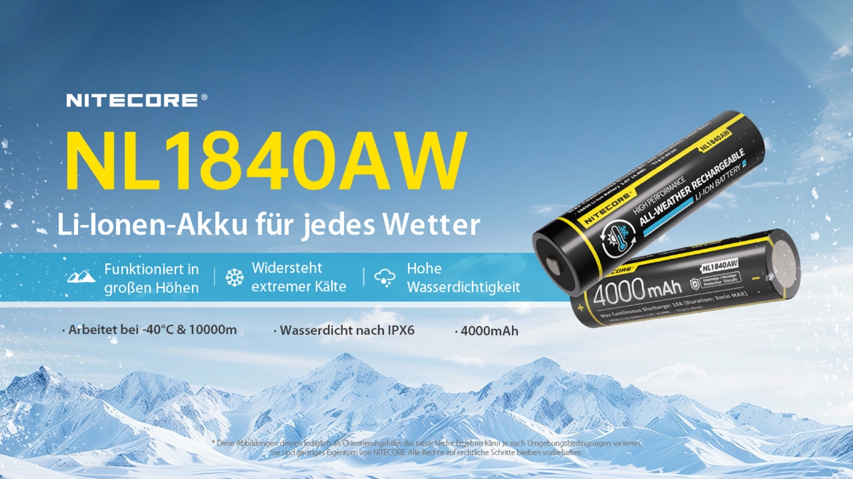 Zwei Allwetter-Lithium-Ionen-Akkus vom Typ NITECORE NL1840AW mit 4.000 mAh vor einer schneebedeckten Bergkulisse.