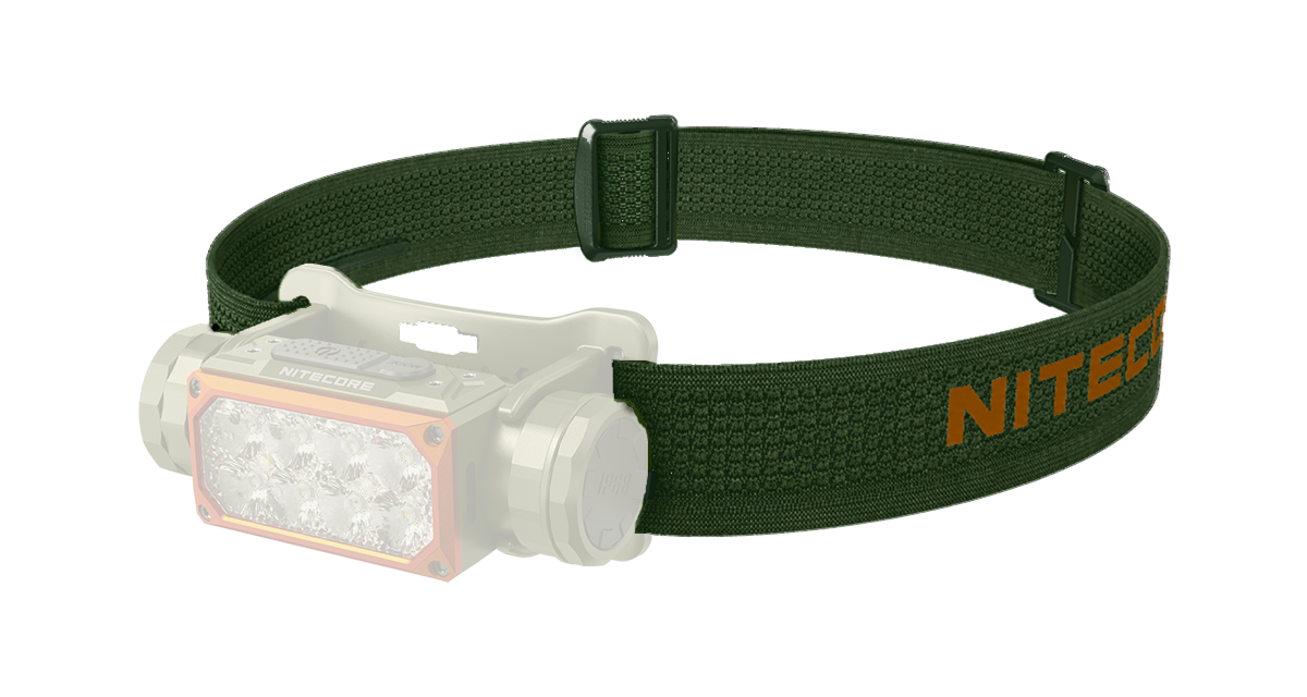 Eine Nitecore-Stirnlampe mit einem olivgrünen, verstellbaren elastischen Kopfband, isoliert vor einem einfarbig schwarzen Hintergrund.