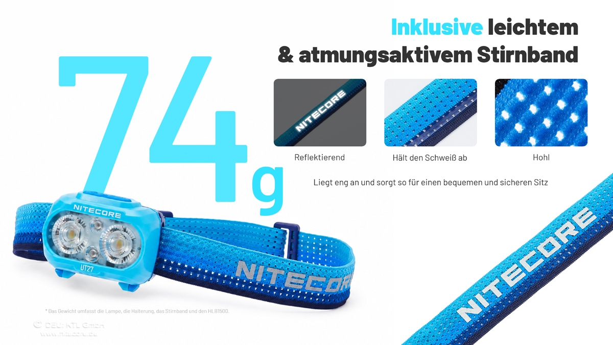 Nitecore UT27-Stirnlampe mit einem Gewicht von 74 Gramm und einem leichten, atmungsaktiven, reflektierenden und schweißableitenden Band.