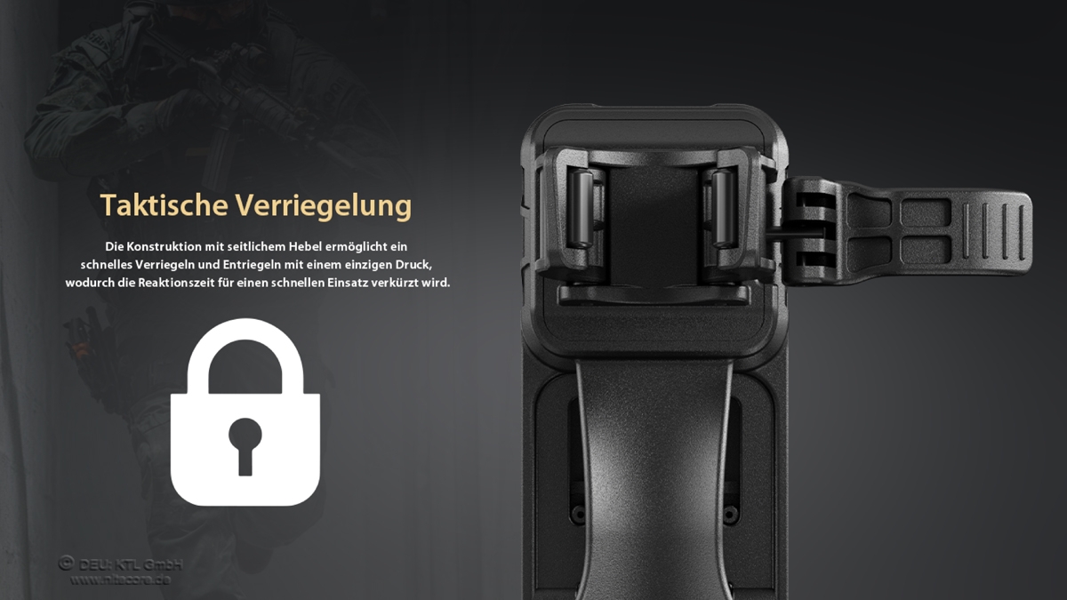Taktischer Verriegelungsmechanismus für schnelles Lösen und sichere Befestigung in Situationen mit hohem Druck.