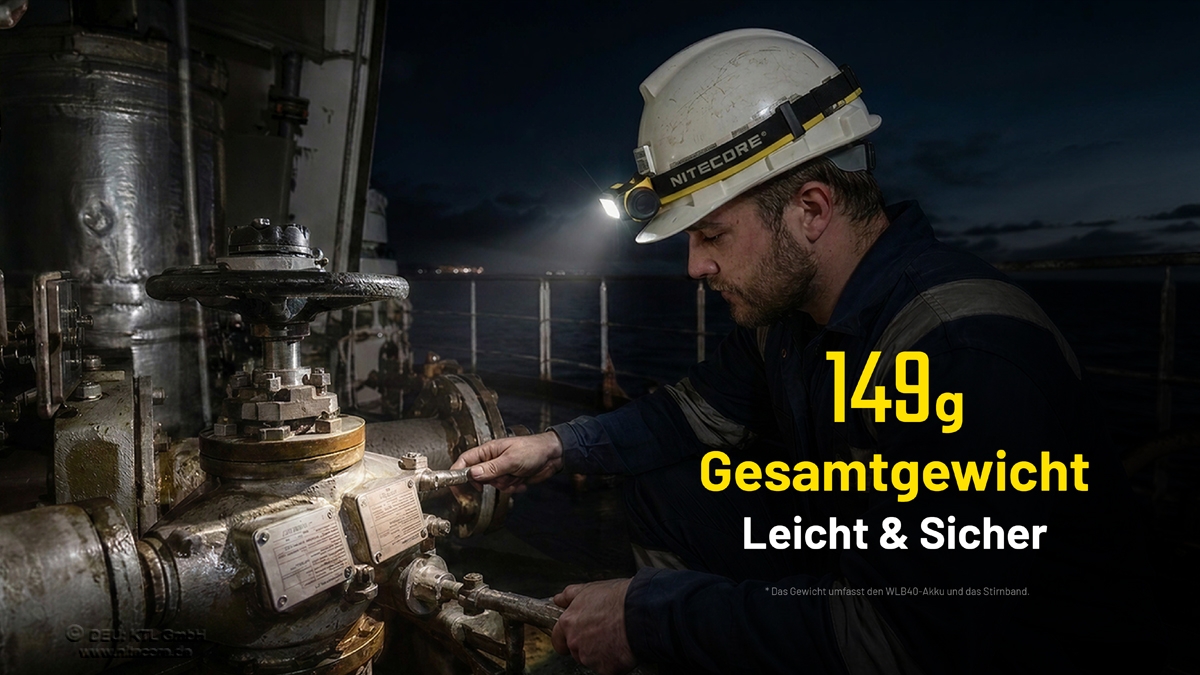 Ein Arbeiter mit einer Nitecore-Stirnlampe inspiziert nachts Industriemaschinen auf einem Schiffsdeck mit Texteinblendung.