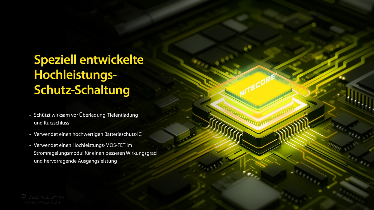 Ein leuchtender NITECORE-Mikrochip auf einer Platine, der die leistungsstarke Batterieschutztechnologie hervorhebt.
