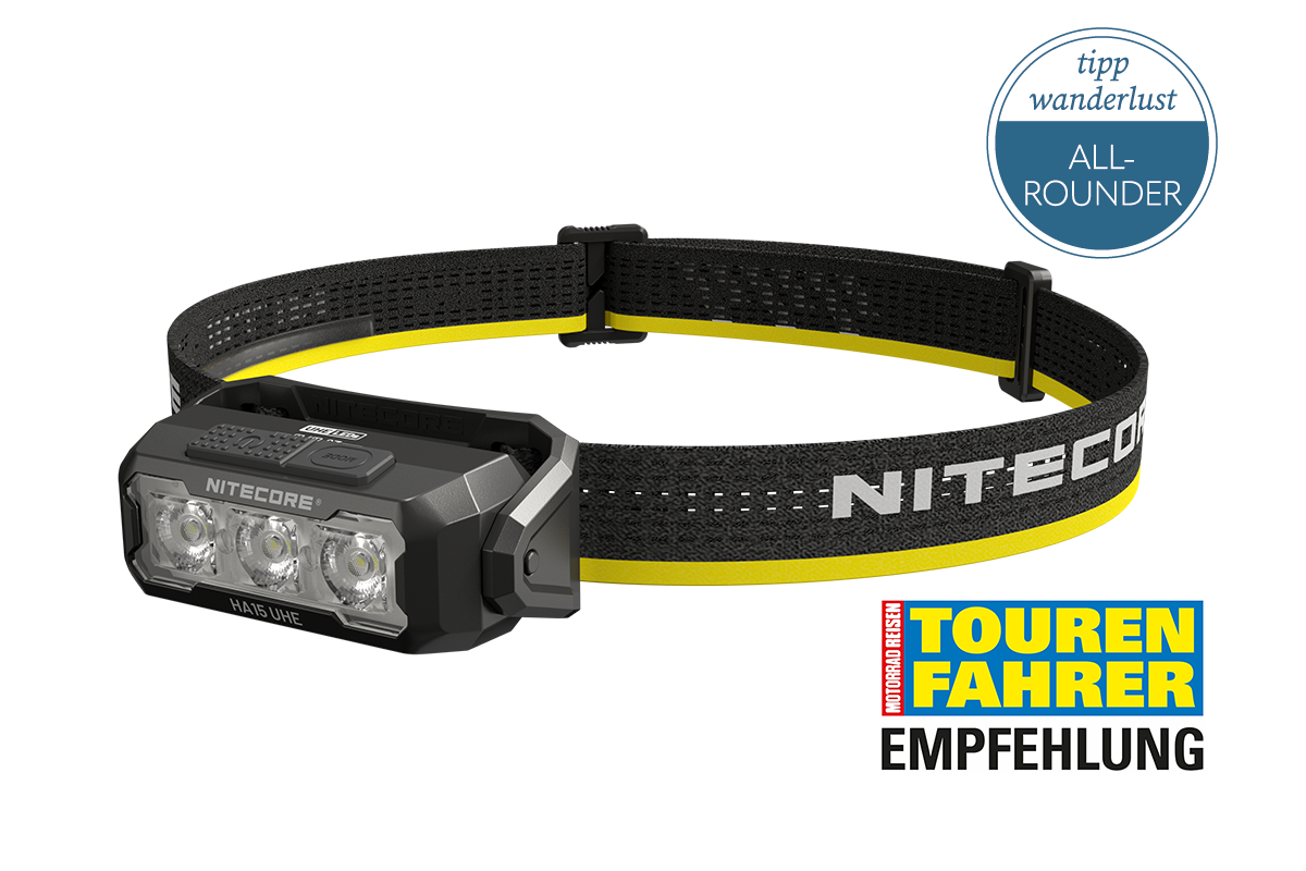 Nitecore HA15 UHE-Stirnlampe mit verstellbarem schwarz-gelbem Riemen und drei LED-Leuchten an der Vorderseite.