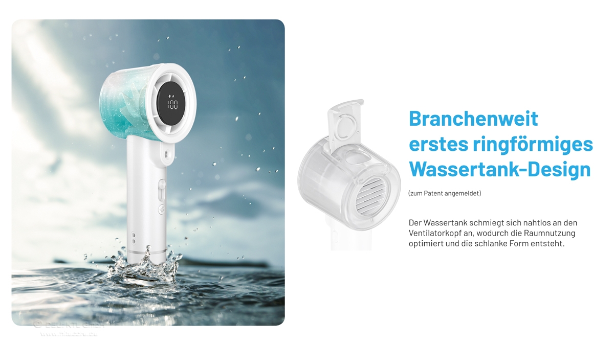 Innovativer Handventilator mit einzigartigem kreisförmigen Wassertankdesign für optimale Kühlung.