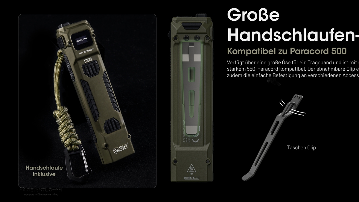 Olive Nitecore EDC29 taktische Taschenlampe mit Paracord-Lanyard, einem Metall-Taschenclip und einem robusten Gehäuse.