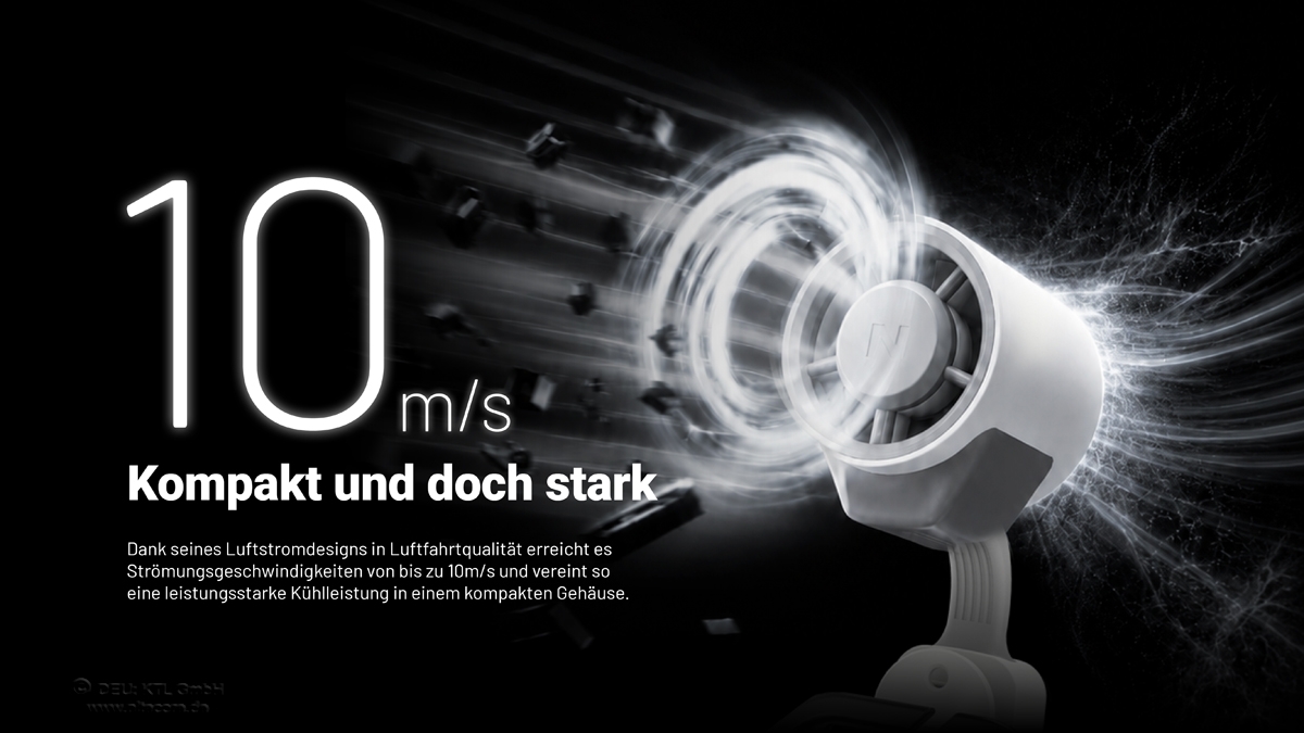 Ein kompakter weißer Tischventilator auf schwarzem Hintergrund, der einen kraftvollen Luftstrom mit einer Geschwindigkeit von 10 Metern pro Sekunde bietet.
