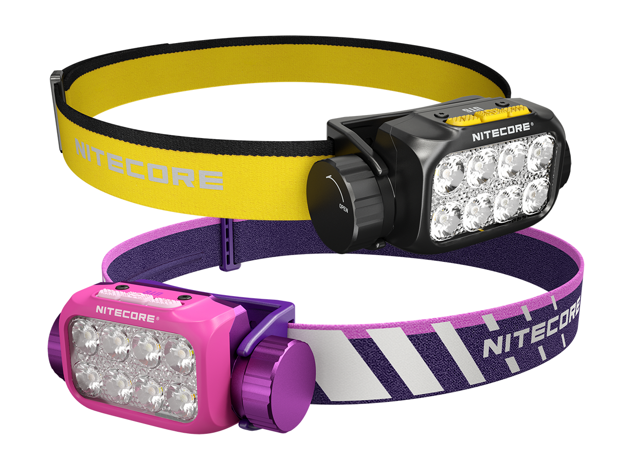 Zwei Nitecore-Stirnlampen in leuchtenden Farben, ideal für Outdoor-Abenteuer und freihändige Beleuchtung.