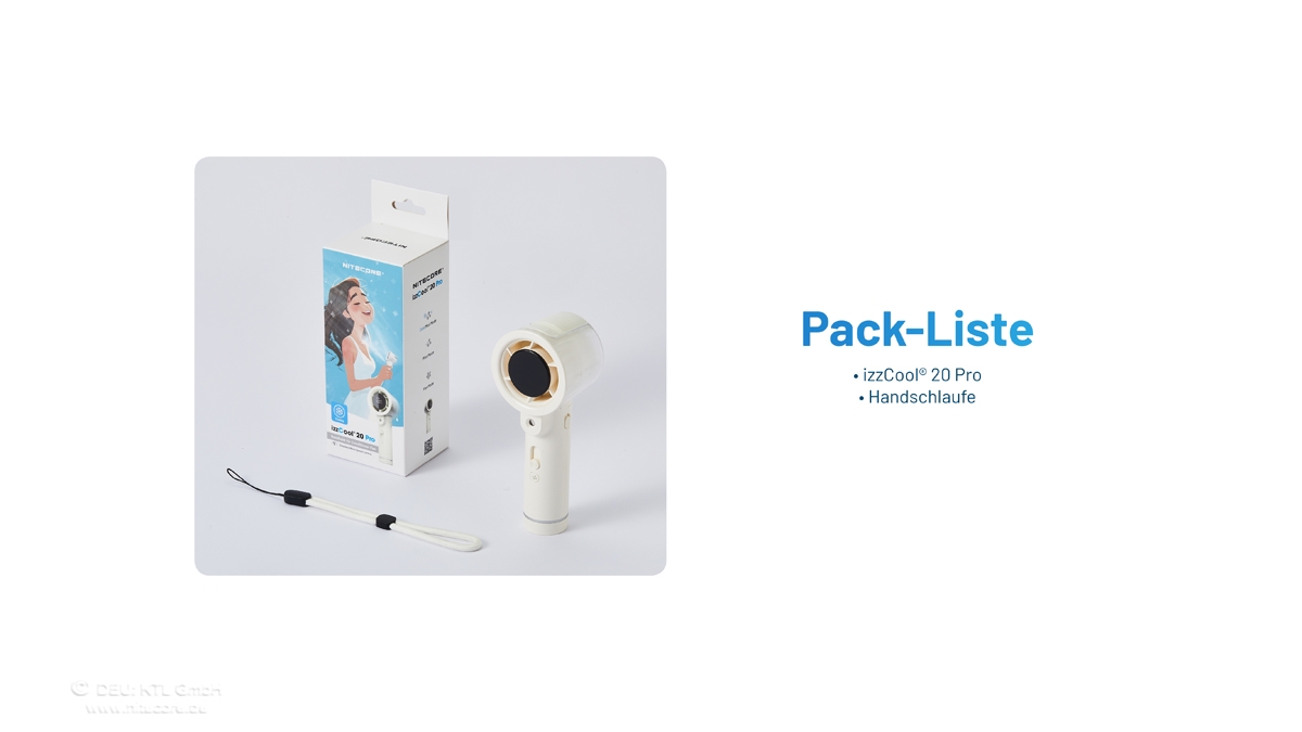 Handkühlgerät izzCool 20 Pro mit Verpackung und Handschlaufe für den persönlichen Gebrauch.