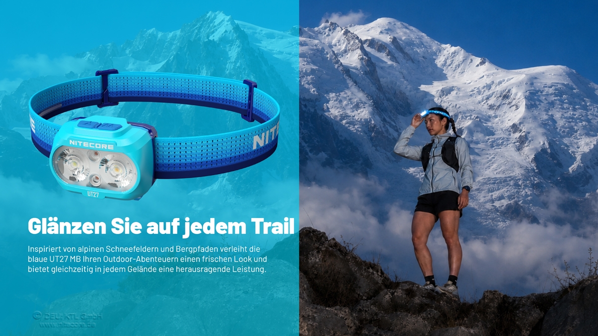 Eine Nitecore UT27-Stirnlampe neben einer Läuferin, die das Licht trägt, auf einem Bergweg mit schneebedeckten Gipfeln.