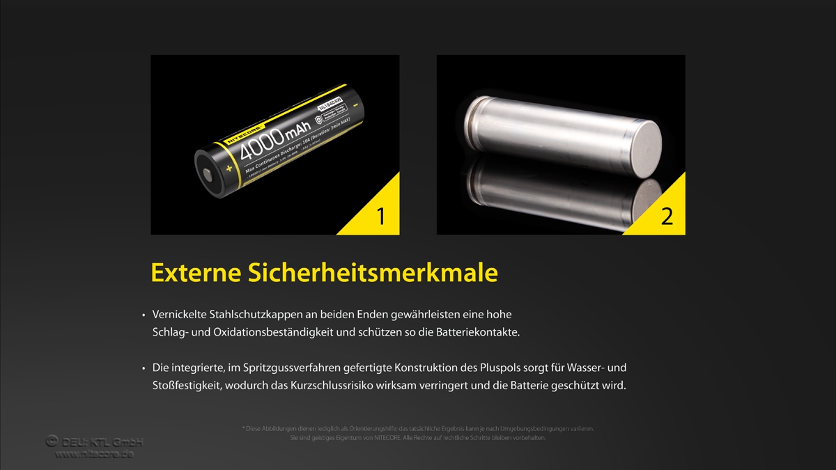 Zwei nebeneinander abgebildete Nitecore 18650-Batterien verdeutlichen die äußeren Sicherheitsmerkmale und die robuste Konstruktion.