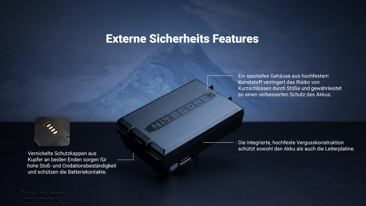 Nitecore-Batteriesicherheitsfunktionen mit robustem Gehäuse und Kupferschutzkappen für längere Haltbarkeit.