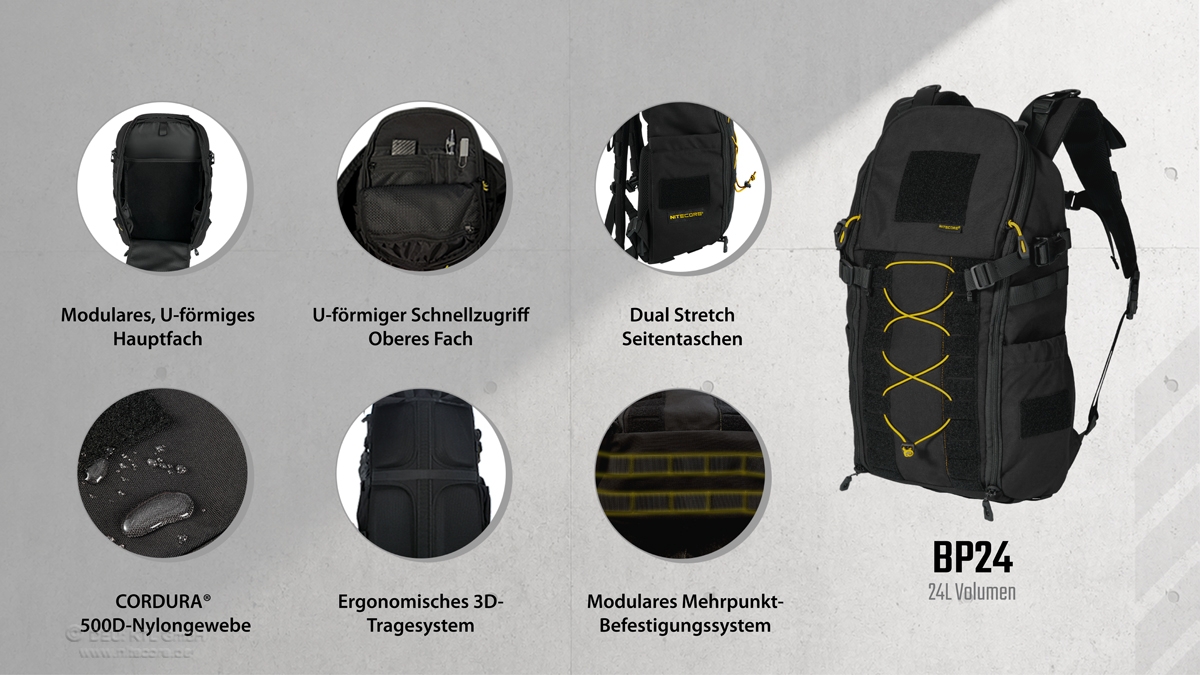 Ein schwarzer taktischer Nitecore BP24-Rucksack mit modularen Fächern, ergonomischem Design und strapazierfähigem Stoff.
