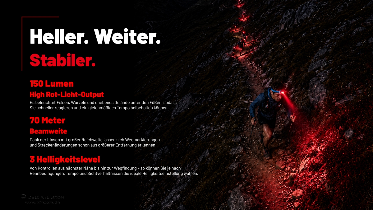 Ein Trailrunner mit roter Stirnlampe auf einem dunklen Bergpfad, der Merkmale wie Lichtstärke und Reichweite hervorhebt.