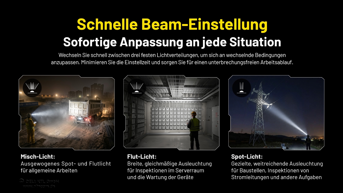 Infografik mit drei Strahleinstellungen für einen Scheinwerfer: Misch-, Flut- und Punktlicht für verschiedene Arbeitsaufgaben.