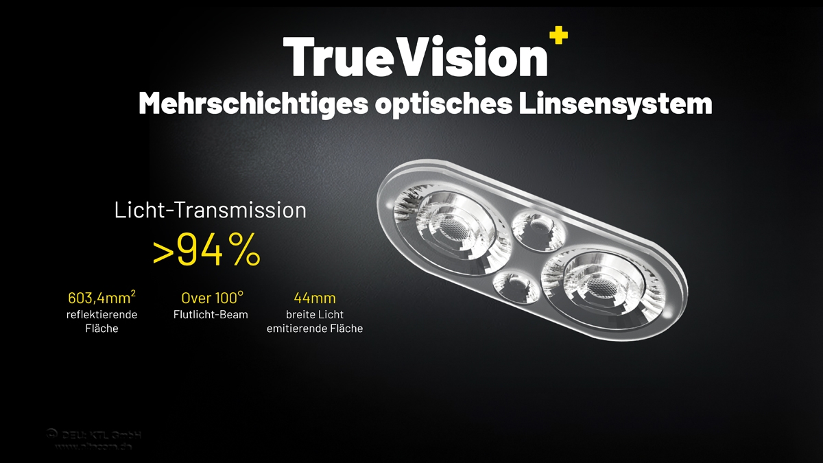 Ein mehrschichtiges optisches TrueVision-Linsensystem mit über 94 Prozent Lichtdurchlässigkeit und einem breiten Strahl.