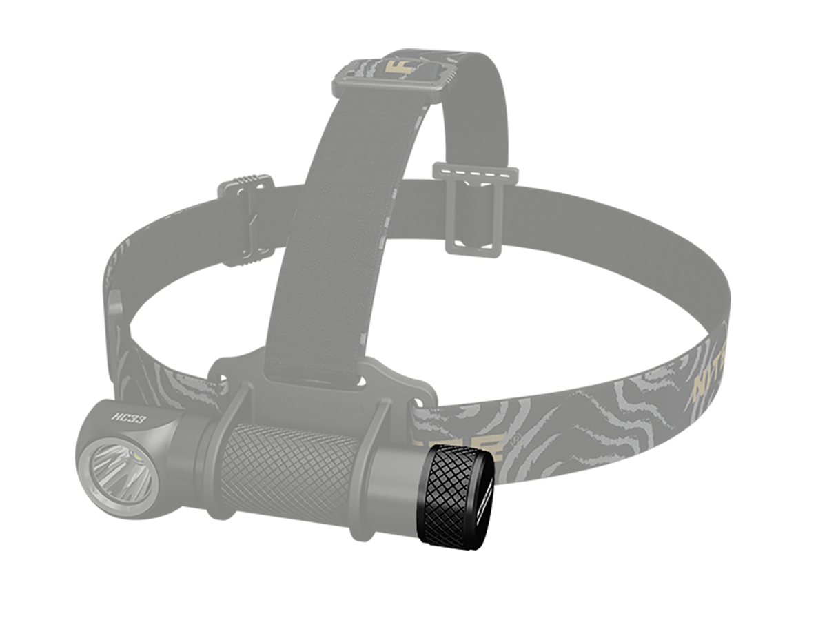 Eine Nitecore HC33 Hochleistungs-LED-Stirnlampe mit verstellbarem gemustertem Riemen vor schwarzem Hintergrund.