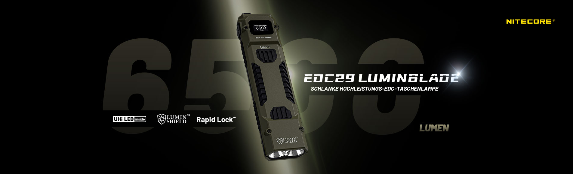 NITECORE EDC29 LUMINBLADE Taschenlampe in Olivgrün mit 6500 Lumen Leistung und Rapid Lock-Technologie.